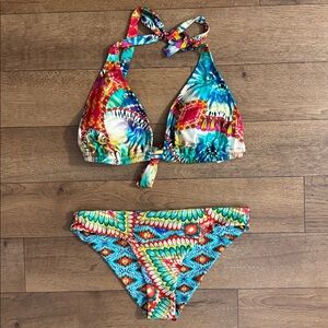Luli Fama Bikini Top Size DD / Bottoms Size Medium Sexy Swim Set Bright Pattern